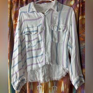 Vintage Havana Striped Button-Up Shirt with Frayed Hem ✨